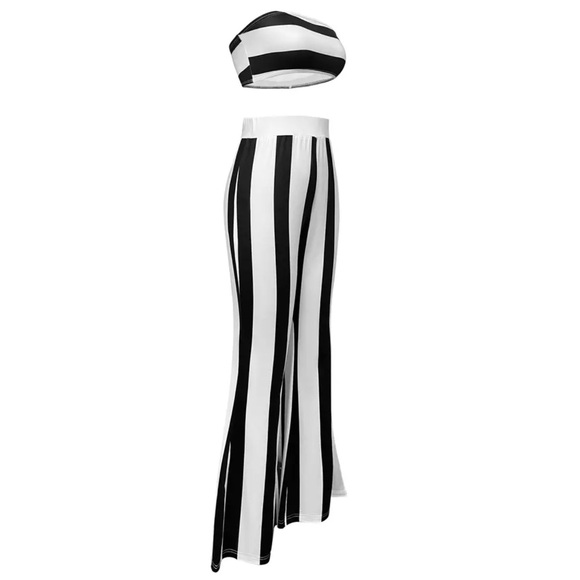 Black & White Striped Crop Tube Top & Flare Leg Pants - Picture 2 of 5
